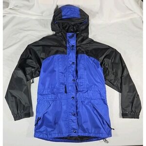 Vintage REI GoreTex Jacket Women M Blue Black Waterproof Hooded Rip Stop Zip Pit